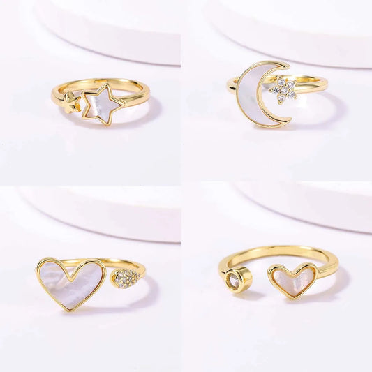 Casual Sweet Star Moon Heart Shape Shell Plating Inlay Shell Zircon 18k Gold Plated Women's Open Rings