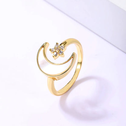 Casual Sweet Star Moon Heart Shape Shell Plating Inlay Shell Zircon 18k Gold Plated Women's Open Rings