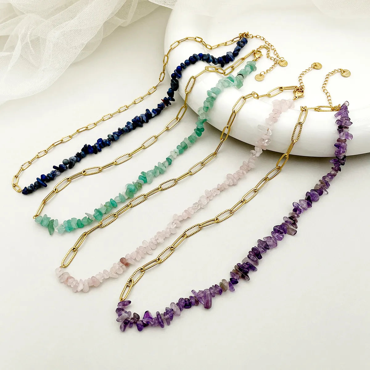 304 Stainless Steel Gravel 14K Gold Plated Casual Tropical Simple Style Beaded Patchwork Plating Irregular Natural Stone Necklace