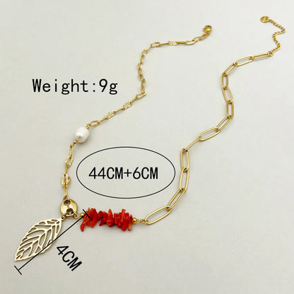 304 Stainless Steel Natural Stone 14K Gold Plated Casual Vacation Beach Polishing Plating Hollow Out Leaves Natural Stone Pearl Pendant Necklace