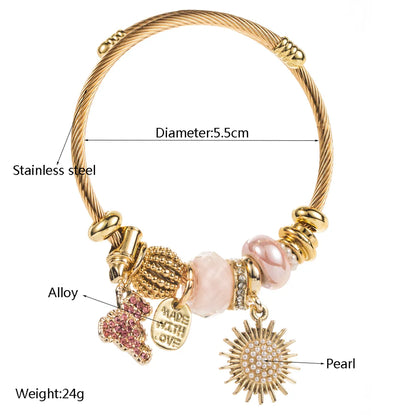 Casual Vacation Bear Gold Plated Rhinestones Pearl 304 Stainless Steel Alloy Wholesale Bangle