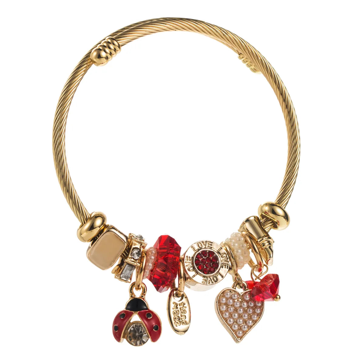 Casual Vacation Classic Style Red Heart Beetles 304 Stainless Steel Alloy Gold Plated Rhinestones Bangle In Bulk