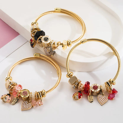 Casual Vacation Classic Style Red Heart Beetles 304 Stainless Steel Alloy Gold Plated Rhinestones Bangle In Bulk