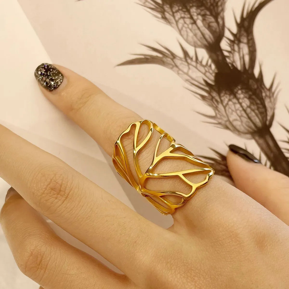 304 Stainless Steel 14K Gold Plated Casual Vacation Plating Hollow Out Leaves Wide Band Ring