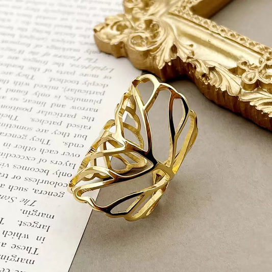 304 Stainless Steel 14K Gold Plated Casual Vacation Plating Hollow Out Leaves Wide Band Ring