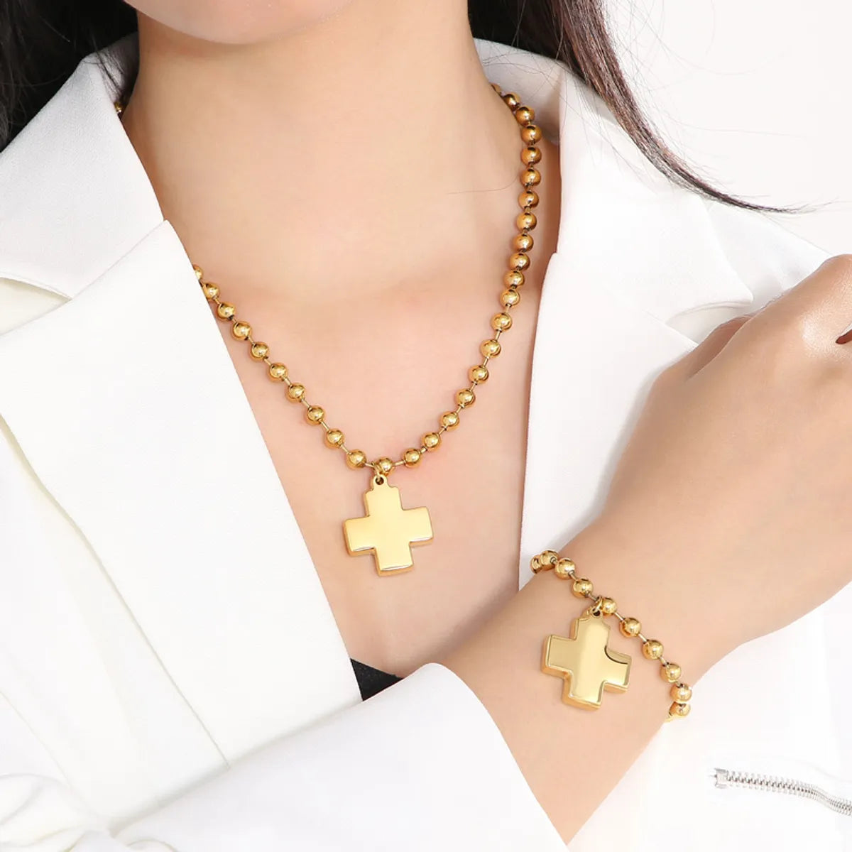 Wholesale Casual Vacation Streetwear Cross Titanium Steel Plating 18k Gold Plated Bracelets Necklace