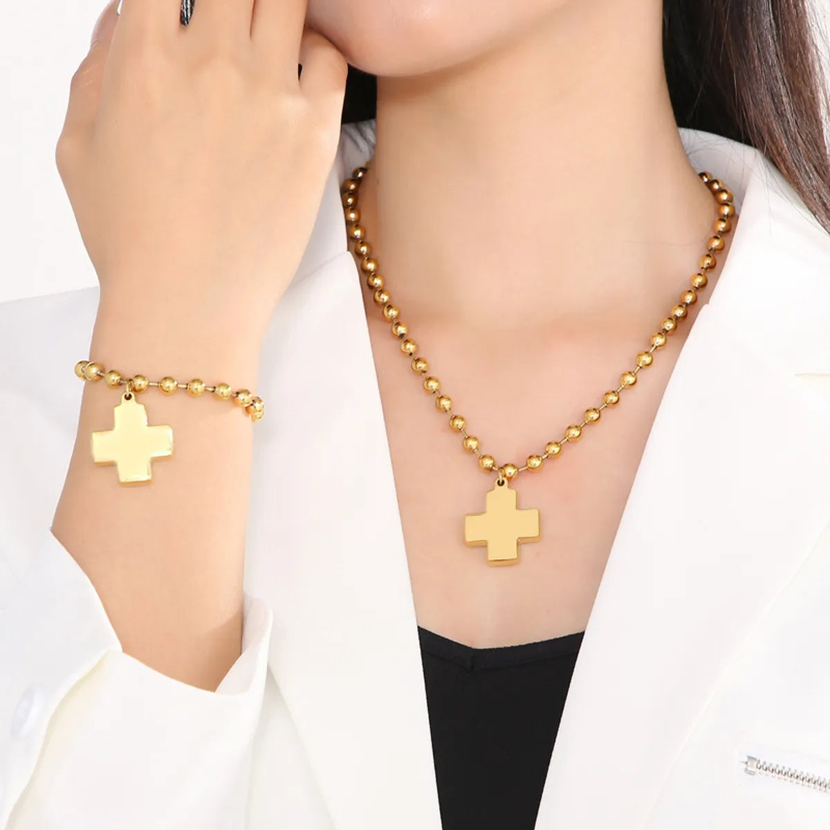 Wholesale Casual Vacation Streetwear Cross Titanium Steel Plating 18k Gold Plated Bracelets Necklace