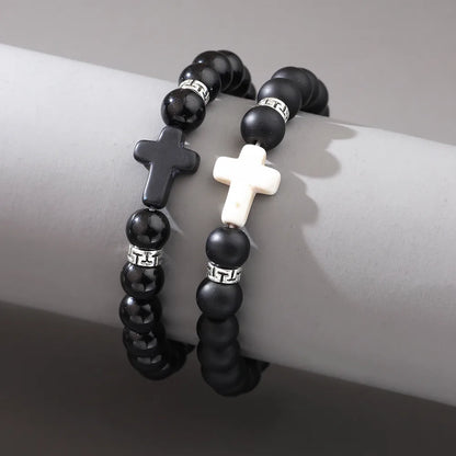 Casual Vintage Style Simple Style Cross Natural Stone Beaded Knitting Women'S Men'S Bracelets