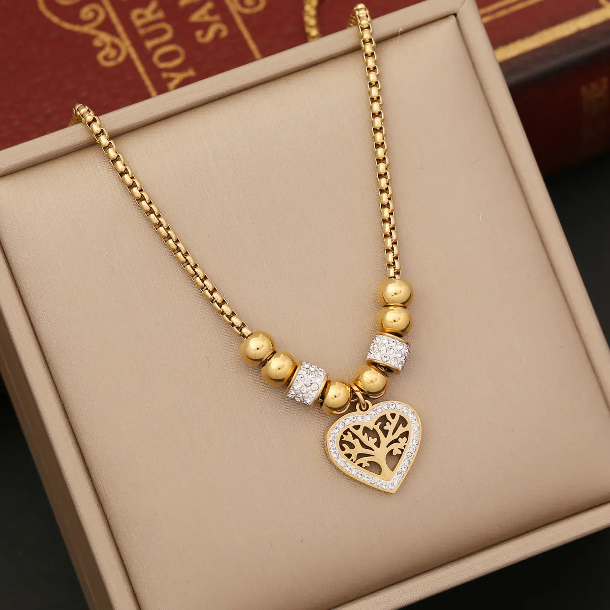 Casual Vintage Style Tree Heart Shape Titanium Steel Plating Hollow Out Inlay Zircon 18k Gold Plated Pendant Necklace