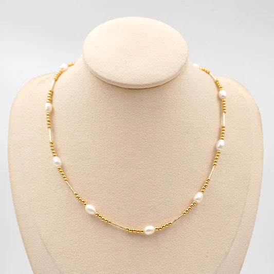 Casual Vintage Style Vacation Round Freshwater Pearl Titanium Steel Beaded Plating Gold Plated Necklace