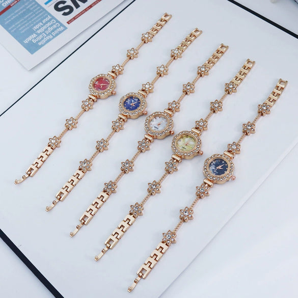 Casual Women's Alloy And Stainless Steel Bracelet Watch With Flower Shape Dial And Diamondstudded Design
