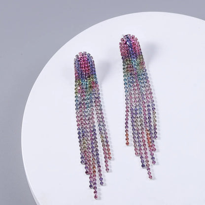 Catwalk Fashionable Gradient Rhinestone Long Welding Claw Tassel Alloy Earrings