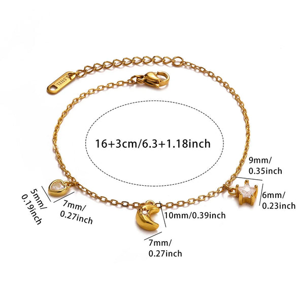 Celestial Moon And Star Zircon Goldplated Stainless Steel Bracelet For Unisex Wear