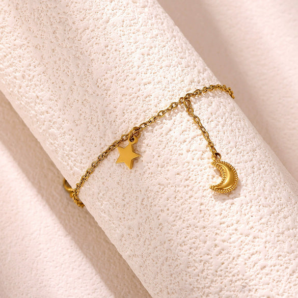 Celestial Moon And Star Zircon Goldplated Stainless Steel Bracelet For Unisex Wear