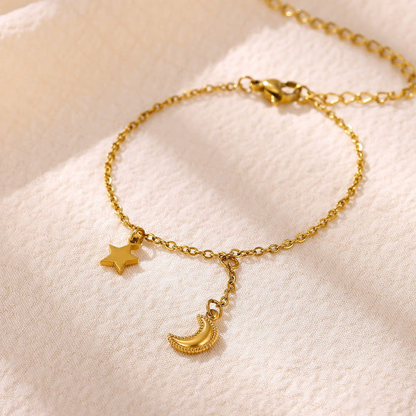 Celestial Moon And Star Zircon Goldplated Stainless Steel Bracelet For Unisex Wear