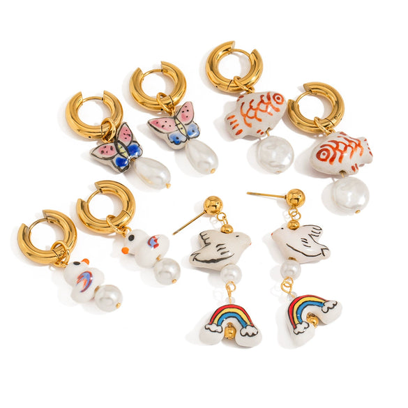 Ceramic And Stainless Steel Geometric Earrings For Women With Electroplating Design Light Luxury Style