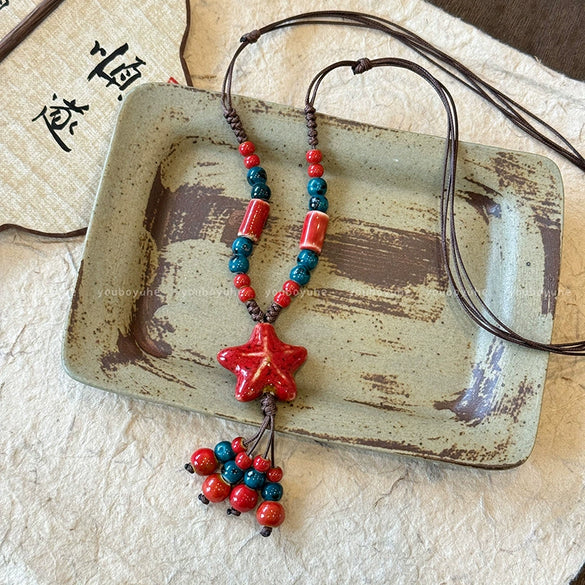 Ceramic Beads Starfish Women's Retro Braided Rope Necklace With Polish Finish