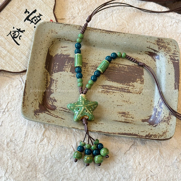Ceramic Beads Starfish Women's Retro Braided Rope Necklace With Polish Finish