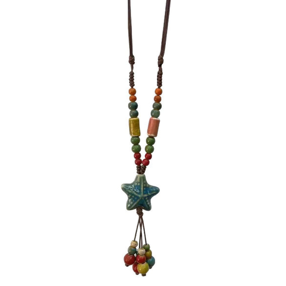 Ceramic Beads Starfish Women's Retro Braided Rope Necklace With Polish Finish