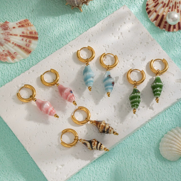 Ceramic Conch Earrings With Marine Elements Animal Zodiac Pattern Electroplated For Women