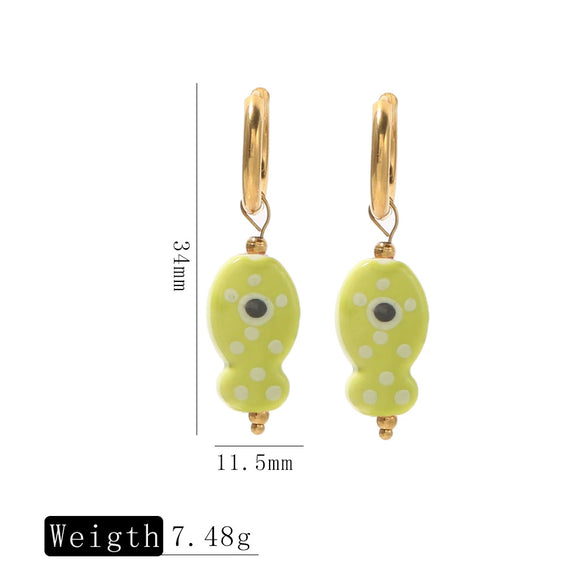 Ceramic Fish Polka Dot Pendant Earrings With Electroplating