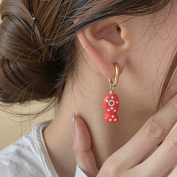 Ceramic Fish Polka Dot Pendant Earrings With Electroplating