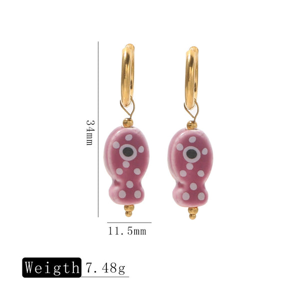 Ceramic Fish Polka Dot Pendant Earrings With Electroplating