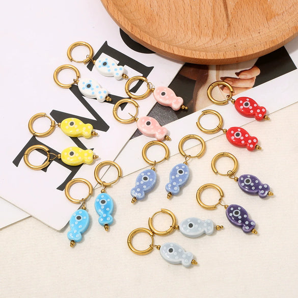 Ceramic Fish Polka Dot Pendant Earrings With Electroplating