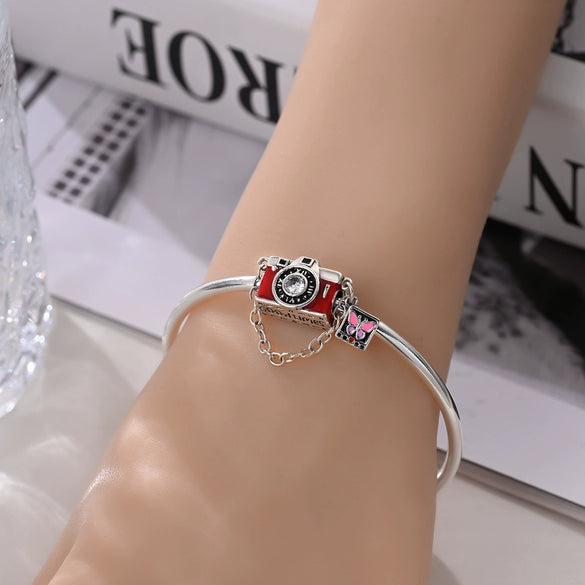 Charm Jewelry Silverplated Suitcase Camera Beaded Diy Accessories With Dripping Oil Design For Women