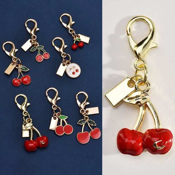 Cherry Pendant Keychain Jewelry For Women Made Of Metal And Crystal Resin With Dripping Oil Processing And Fruit Pattern