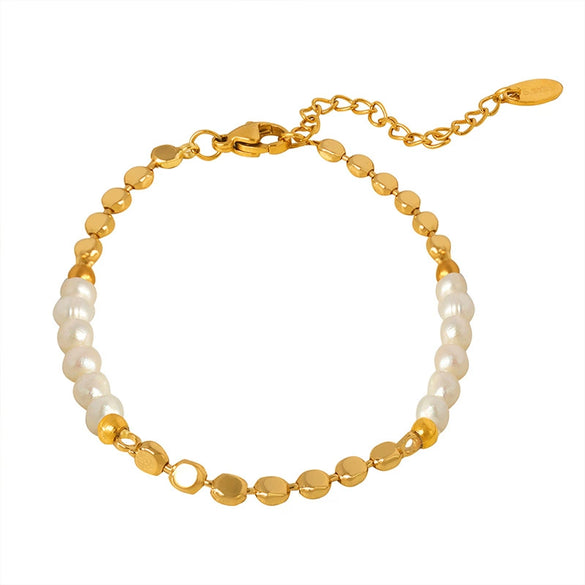 Chic Elegant Glossy Brass Freshwater Pearl Geometric Pattern Electroplated Women's Bracelet Light Luxury Non Fading Fashion Jewelry