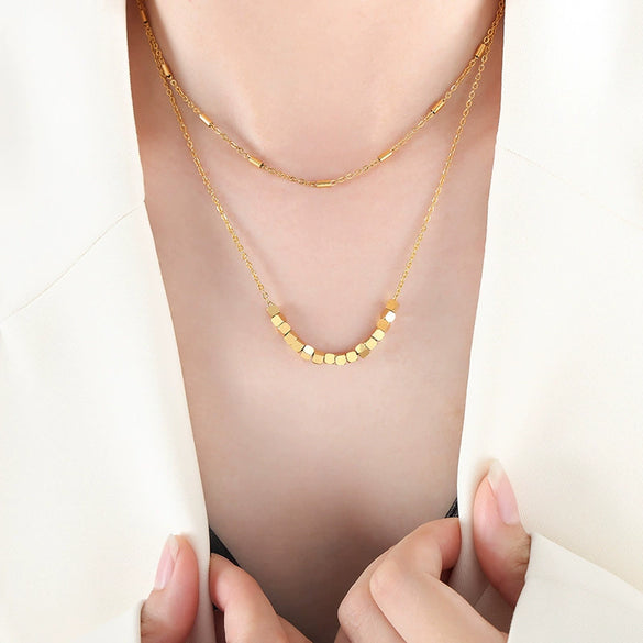 Chic Style Geometric Square Tassel Double Layer Titanium Steel Necklace With Electroplating For Girls