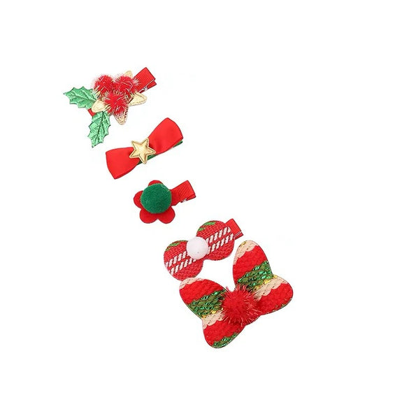 Children Hair Accessories Cloth Handmade Christmas Five Pieces Suit Bow Hairpin Snowman Christmas Tree Duckbill Clip