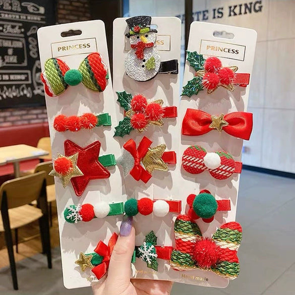 Children Hair Accessories Cloth Handmade Christmas Five Pieces Suit Bow Hairpin Snowman Christmas Tree Duckbill Clip