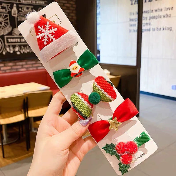 Children Hair Accessories Cloth Handmade Christmas Five Pieces Suit Bow Hairpin Snowman Christmas Tree Duckbill Clip