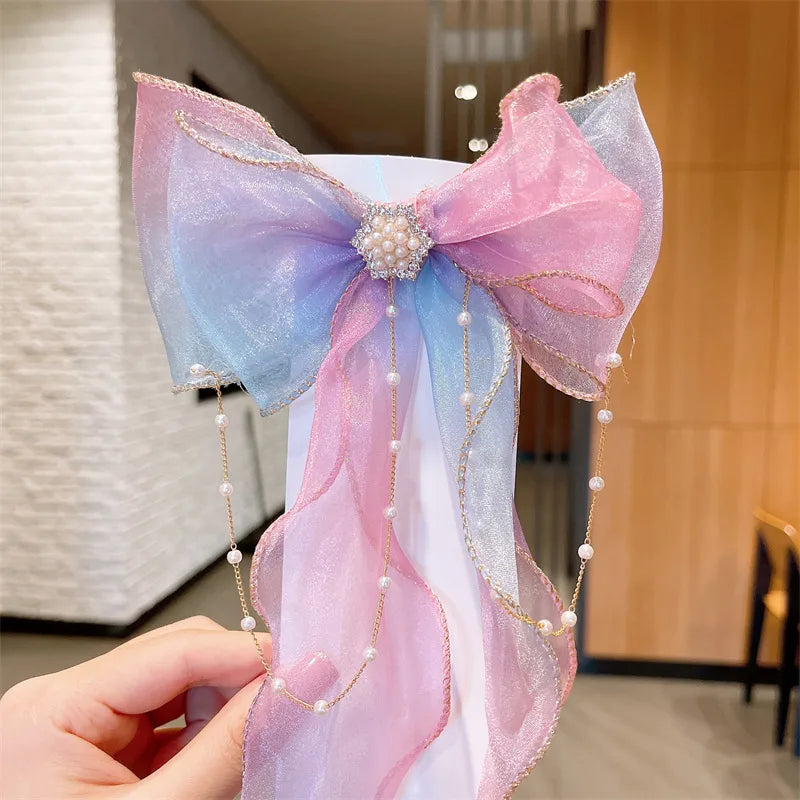 Children'S Bow Ribbon Hairpin Elsa Ice And Snow Headwear Super Fairy Girls' Hairpin Princess Elsa Little Girl Hair Accessories