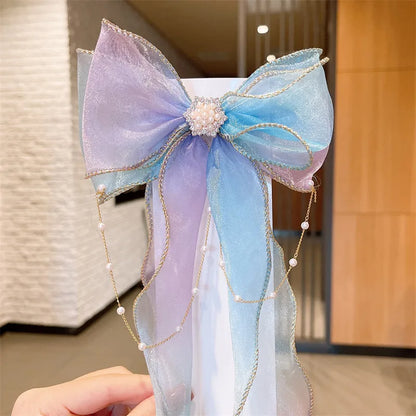 Children'S Bow Ribbon Hairpin Elsa Ice And Snow Headwear Super Fairy Girls' Hairpin Princess Elsa Little Girl Hair Accessories