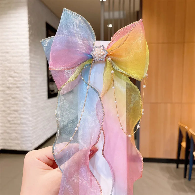 Children'S Bow Ribbon Hairpin Elsa Ice And Snow Headwear Super Fairy Girls' Hairpin Princess Elsa Little Girl Hair Accessories