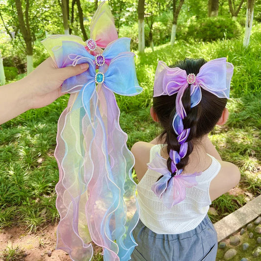 Children'S Cute Long Bow Hairpin Baby Princess Braided Hairpin Clip Hair Accessories