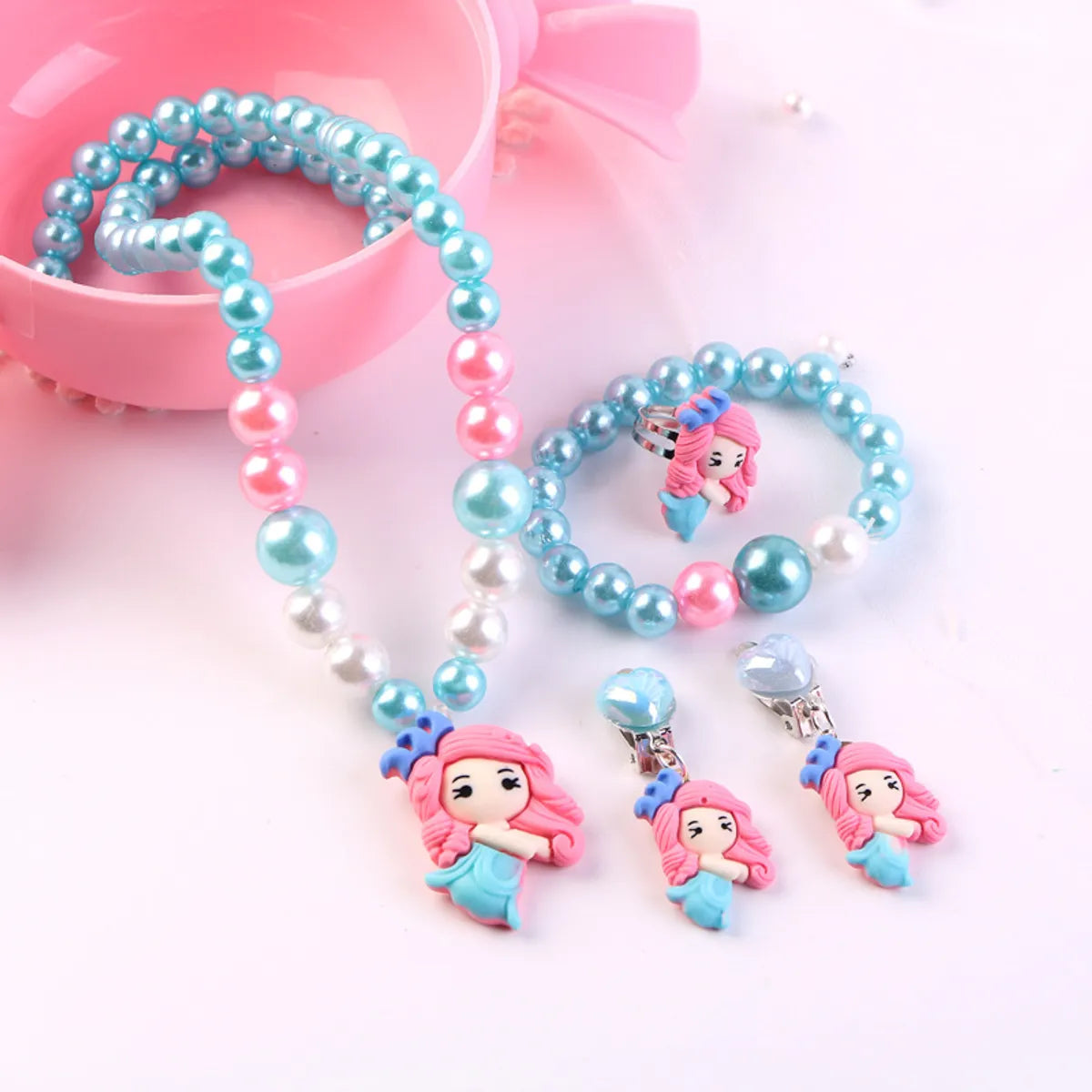 Children'S Day Necklace Bracelet Earrings Five-Piece Set Cartoon Classic Mermaid Jewelry Girls Princess Jewelry Free Shipping