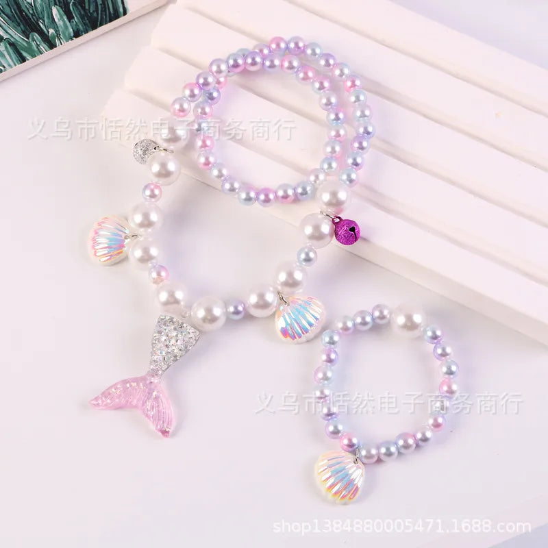 Children'S Necklace Mermaid Tail Pearl Necklace Bracelet Ring Earring Set