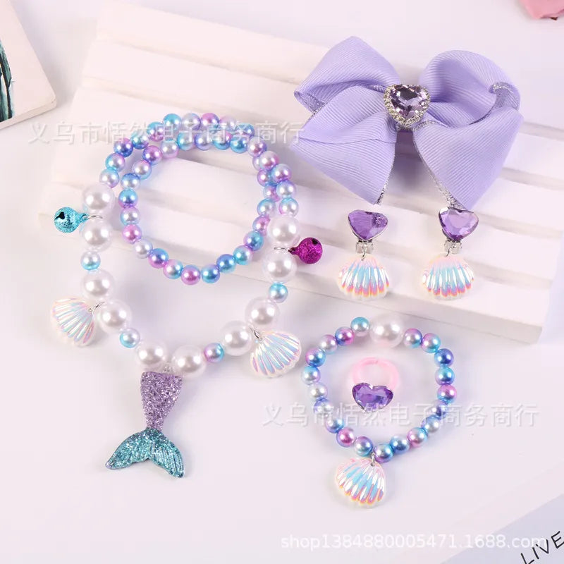 Children'S Necklace Mermaid Tail Pearl Necklace Bracelet Ring Earring Set