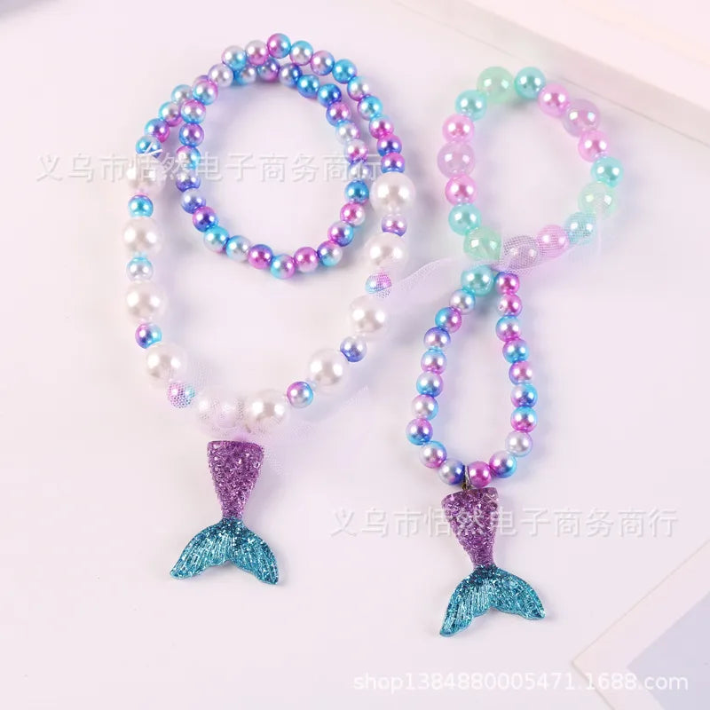 Children'S Necklace Mermaid Tail Pearl Necklace Bracelet Ring Earring Set