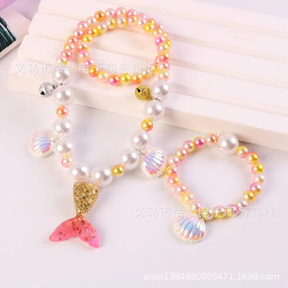 Children'S Necklace Mermaid Tail Pearl Necklace Bracelet Ring Earring Set