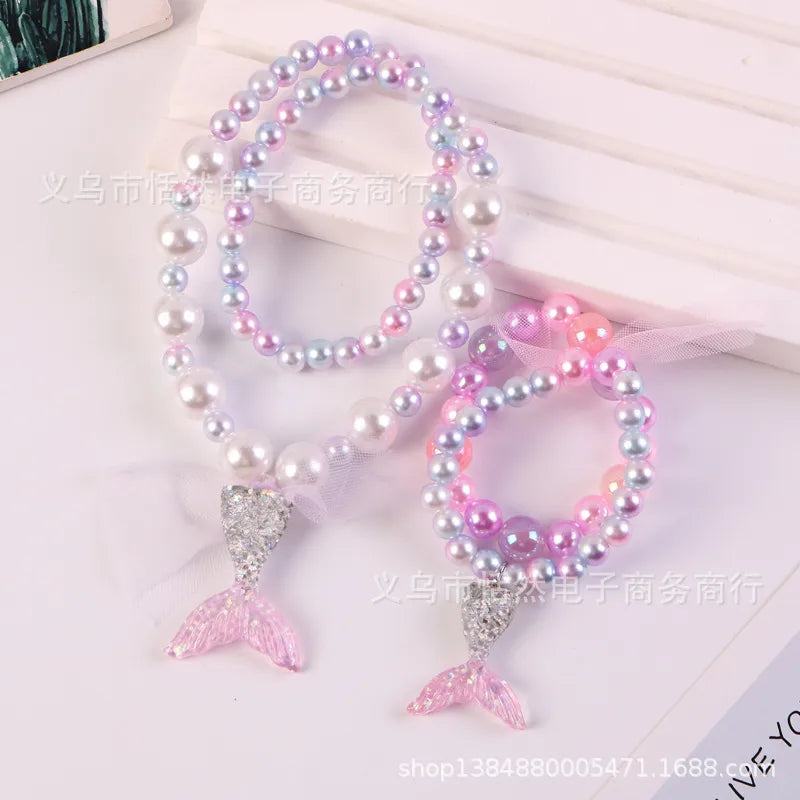 Children'S Necklace Mermaid Tail Pearl Necklace Bracelet Ring Earring Set