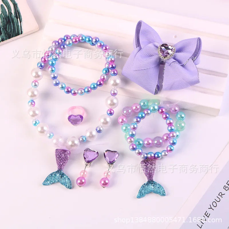 Children'S Necklace Mermaid Tail Pearl Necklace Bracelet Ring Earring Set