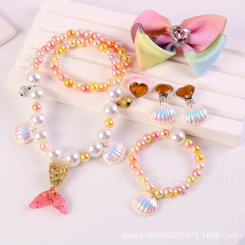 Children'S Necklace Mermaid Tail Pearl Necklace Bracelet Ring Earring Set