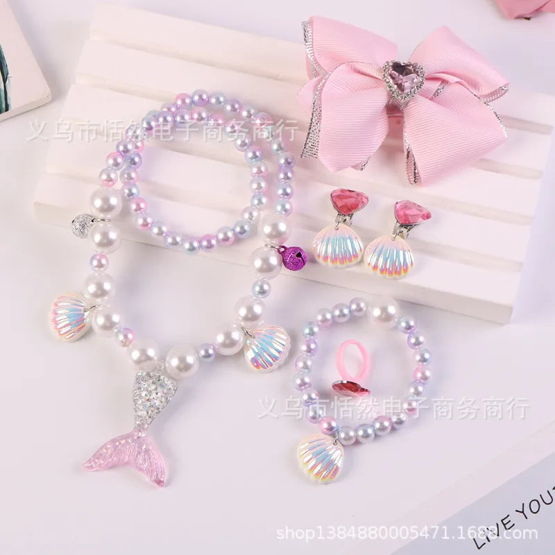 Children'S Necklace Mermaid Tail Pearl Necklace Bracelet Ring Earring Set