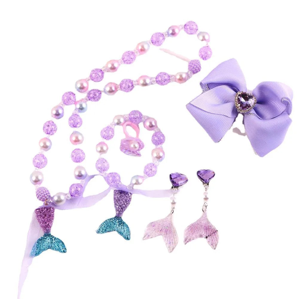 Children'S Necklace Mermaid Tail Pearl Necklace Bracelet Ring Earring Set