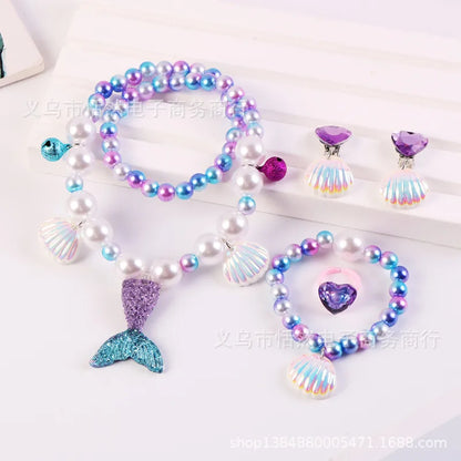 Children'S Necklace Mermaid Tail Pearl Necklace Bracelet Ring Earring Set